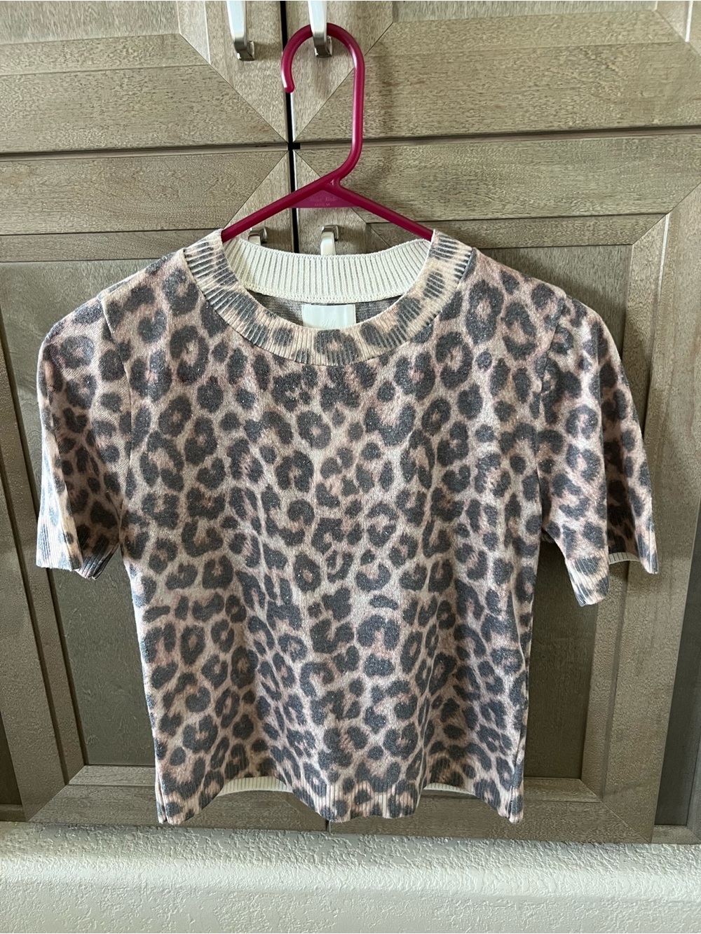 Leopard Print Short Sleeve Sweater Top - Brown & Beige